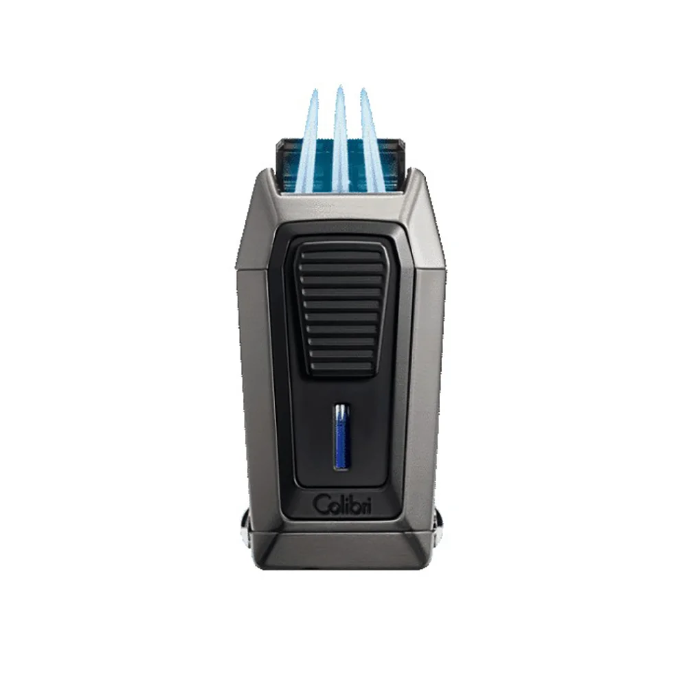 COLIBRI - Gotham (Quantum) Αναπτήρας Πούρου Τριπλός Jet με V-CUT Gunmetal ανοιχτός και αναμμένος