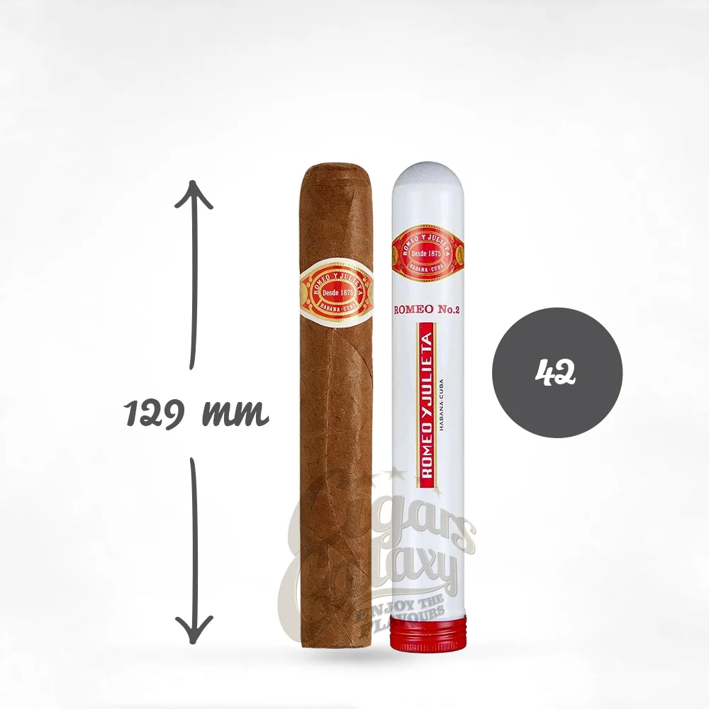ROMEO y JULIETA - Romeo No2 Το Romeo No2 είναι ένα καλοφτιαγμένο Petit Corona σε tubos. Έχει μέτρια ένταση και έχει τις χαρακτηριστικές γεύσεις των Romeo y Julieta.