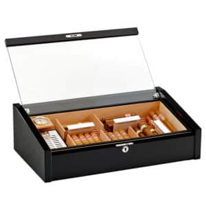 Vega Deluxe Black Cigar Humidor υγραντήρας για 75 πούρα. μαύρο χρώμα, με τζάμι, ανοιχτό καπάκι