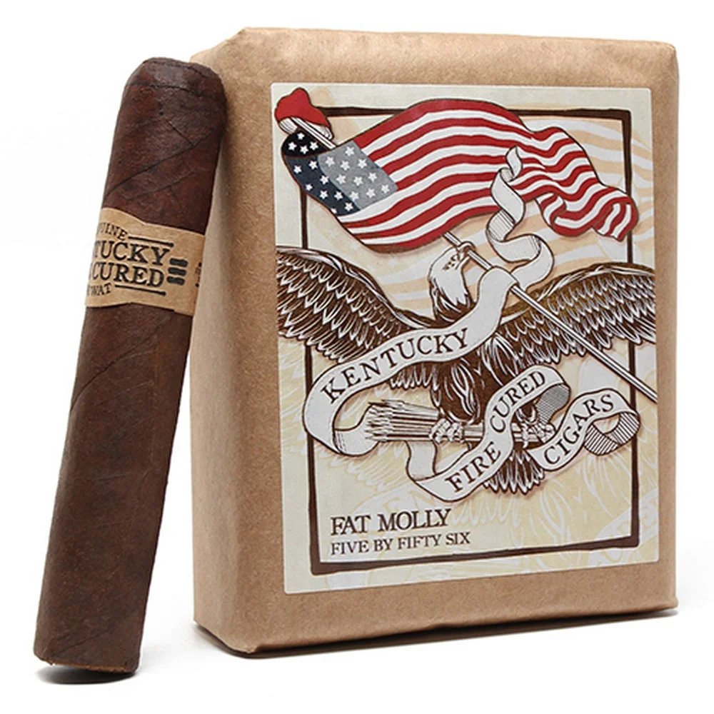 Kentucky Fire Cured Fat Molly πούρο Νικαράγουας Αμερικής γεύση ξύλο και σοκολάτα μαζί με το κουτί συσκευασίας του με σχέδιο αετού επάνω