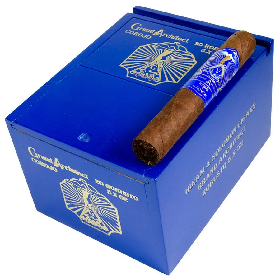 Grand Architect Corojo Robusto πούρο Νικαράγουας μήκος 152 χιλιοστών και διαμέτρου 52 χιλιοστών μαζί με κουτί πούρων μπλε ξύλινο