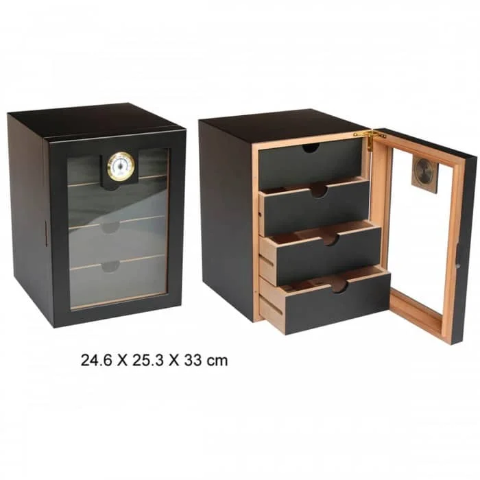 Ξύλινος Humidor Υγραντήρας πούρων Μαύρος Matte για 80-100 πούρα με 4 συρτάρια Ξύλινος Humidor Υγραντήρας πούρων Μαύρος Matte για 80-100 πούρα με 4 συρτάρια