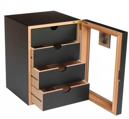 Ξύλινος Humidor Υγραντήρας πούρων Μαύρος Matte για 80-100 πούρα με 4 συρτάρια