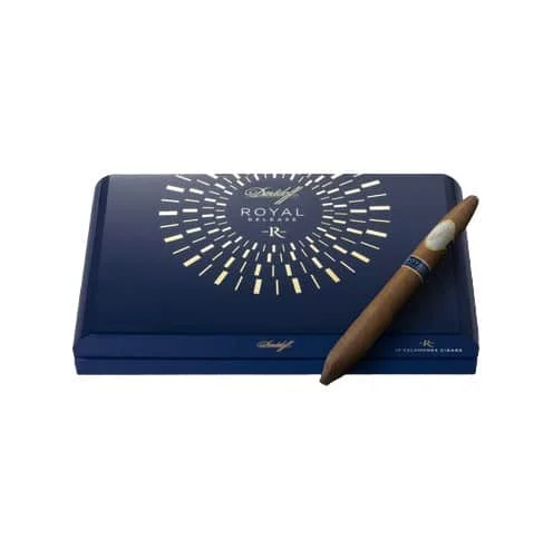 Royal Release Salomones πούρο Δομινικανής Δημοκρατίας μήκος 210 χιλιοστά διάμετρος 54 χιλιοστά πούρο πάνω σε μπλε ξύλινο κουτί πούρων