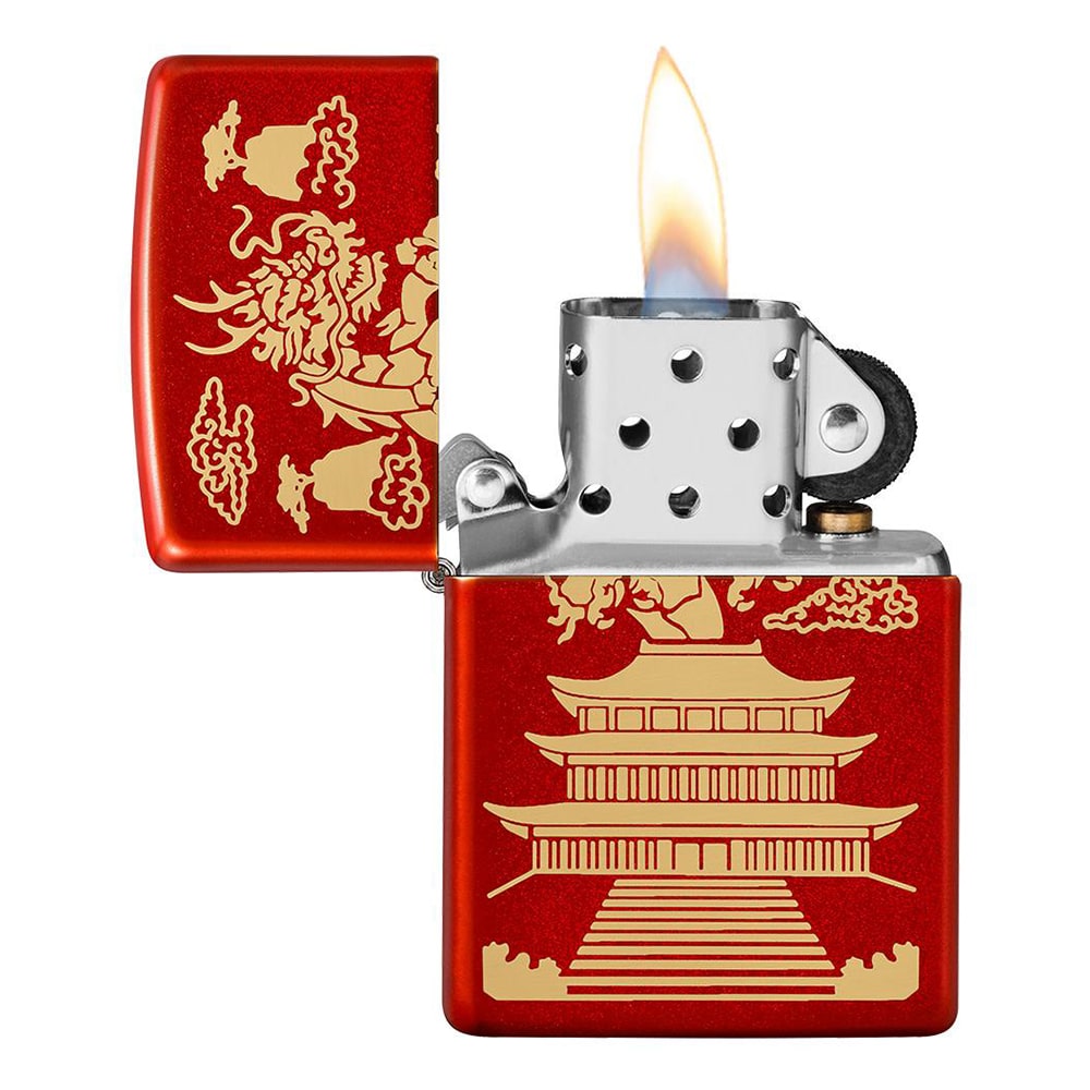 Eastern Design Αναπτήρας κόκκινος με χρυσό σχέδιο δράκου και Κινέζικου ναού αναμμένος με φλόγα