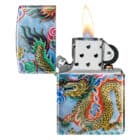 Dragon Design Αναπτήρας μπλε με χρυσό σχέδιο δράκου σε παραδοσιακό Κινέζικο στυλ με πράσινη-πορτοκαλί χαίτη αναμμένος με φλόγα