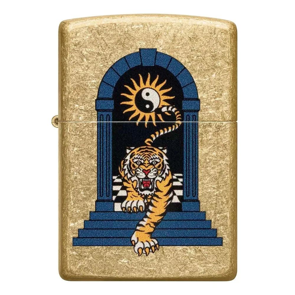 zippo_tiger_tattoo_1 Tiger Tattoo Design Αναπτήρας χρυσός μεταλλικός με μπλε σχέδιο τίγρη και γινγκ-γιανγκ σε στυλ τατουάζ