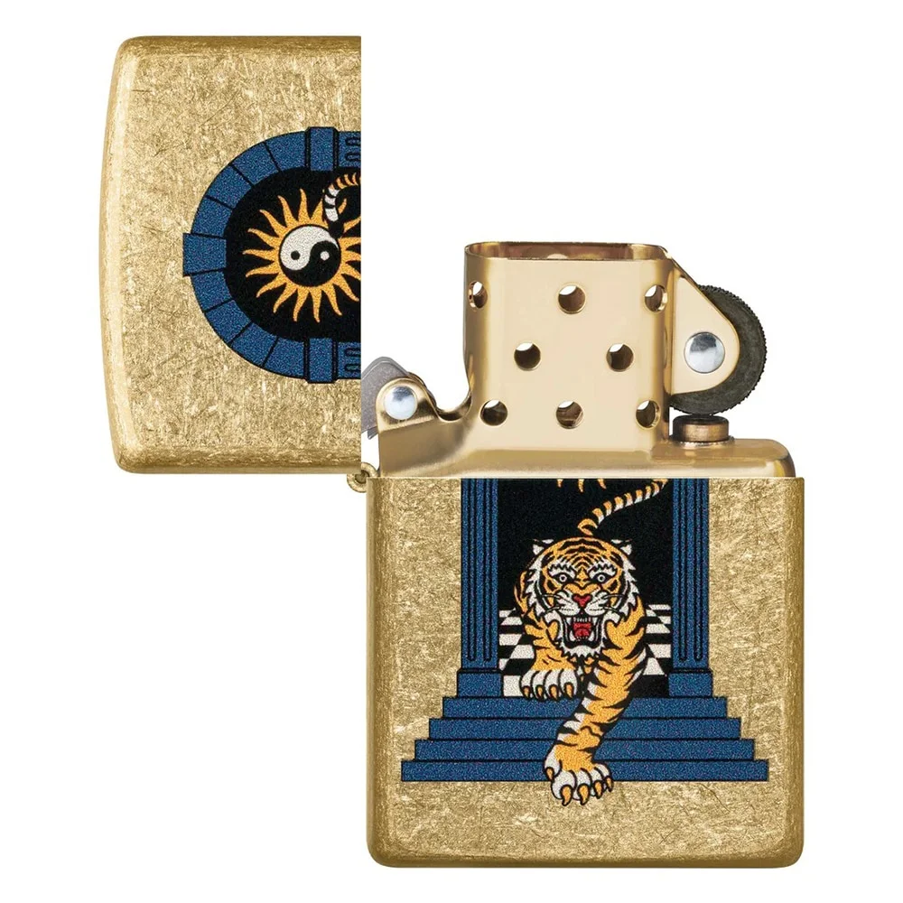 Tiger Tattoo Design Αναπτήρας χρυσός μεταλλικός με μπλε σχέδιο τίγρη και γινγκ-γιανγκ σε στυλ τατουάζ