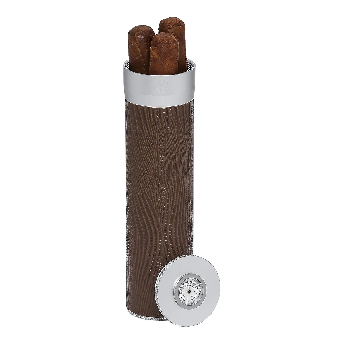 Humidor / Υγραντήρας Πούρων ταξιδιού αλουμινίου, κυλινδρικός σε ασημί χρώμα και επικάλυψη δερματίνης σε όμορφο croco σχέδιο.