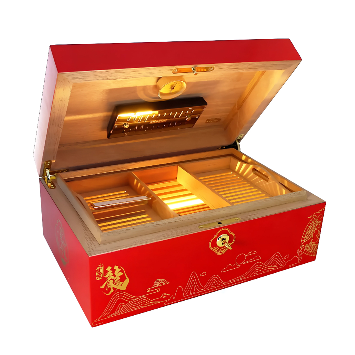 Εξαιρετικός συλλεκτικός humidor με εκλεπτυσμένο σχεδιασμό, LED φωτισμό και θύρα USB-C. Φιλοξενεί έως 150 πούρα με απόλυτη φροντίδα.