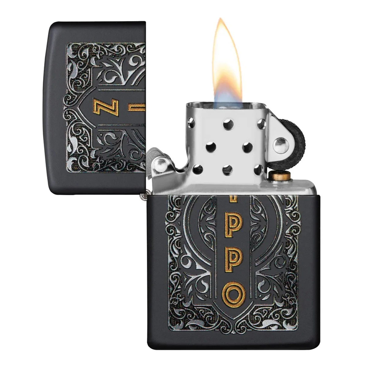 Ο Zippo Logo Filigree Black Matte ξεχωρίζει με το κομψό σχέδιο σε ασημί τόνο και το λογότυπο ZIPPO σε χρυσή απόχρωση στο μπροστινό μέρος.