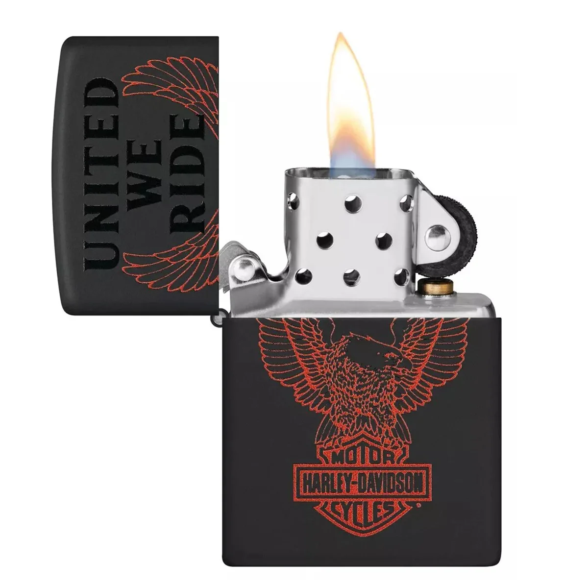 Η Zippo αποτυπώνει τη δύναμη και την ελευθερία της Harley-Davidson με το εμβληματικό σχέδιο του αετού και την επιγραφή “United We Ride”.