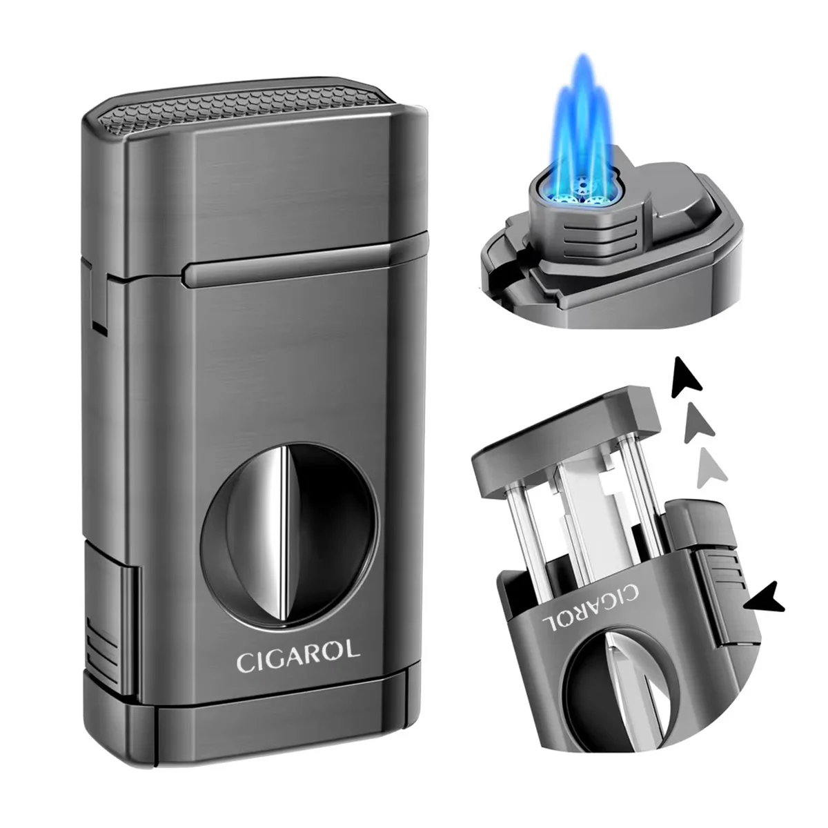 CIGAROL – Τριπλός Jet Αναπτήρας Gunmetal με Κόφτη V-Cut & Βάση Πούρου (310062) 3-Jet αναπτήρας Cigarol με ενσωματωμένο πουροκόφτη V-cut σε όμορφο Gunmetal χρώμα. Το καπάκι του χρησιμεύει και σαν βάση πούρου.