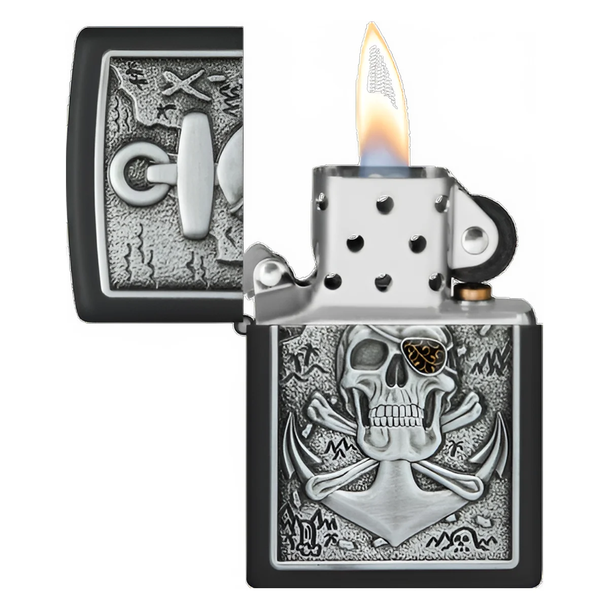 Ο Zippo Skull Anchor Emblem ξεχωρίζει με την εντυπωσιακή του εμφάνιση: πάνω σε μαύρη ματ επιφάνεια παρουσιάζεται ανάγλυφο έμβλημα με κρανίο και άγκυρα.