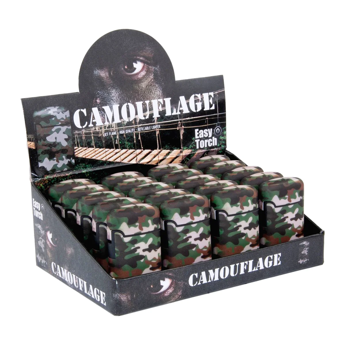Ο Easy Torch Jet Camouflage είναι ένας αναπτήρας με ματ πλαστικό περίβλημα και δυνατή μονή Jet φλόγα σε χρώματα παραλλαγής! Είναι κομψός, με βολικό μέγεθος.